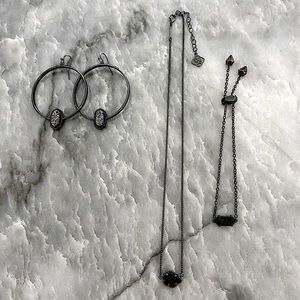 🖤Kendra Scott Gunmetal Drusy Set Elisa Necklace Elaina Bracelet Hoop earrings